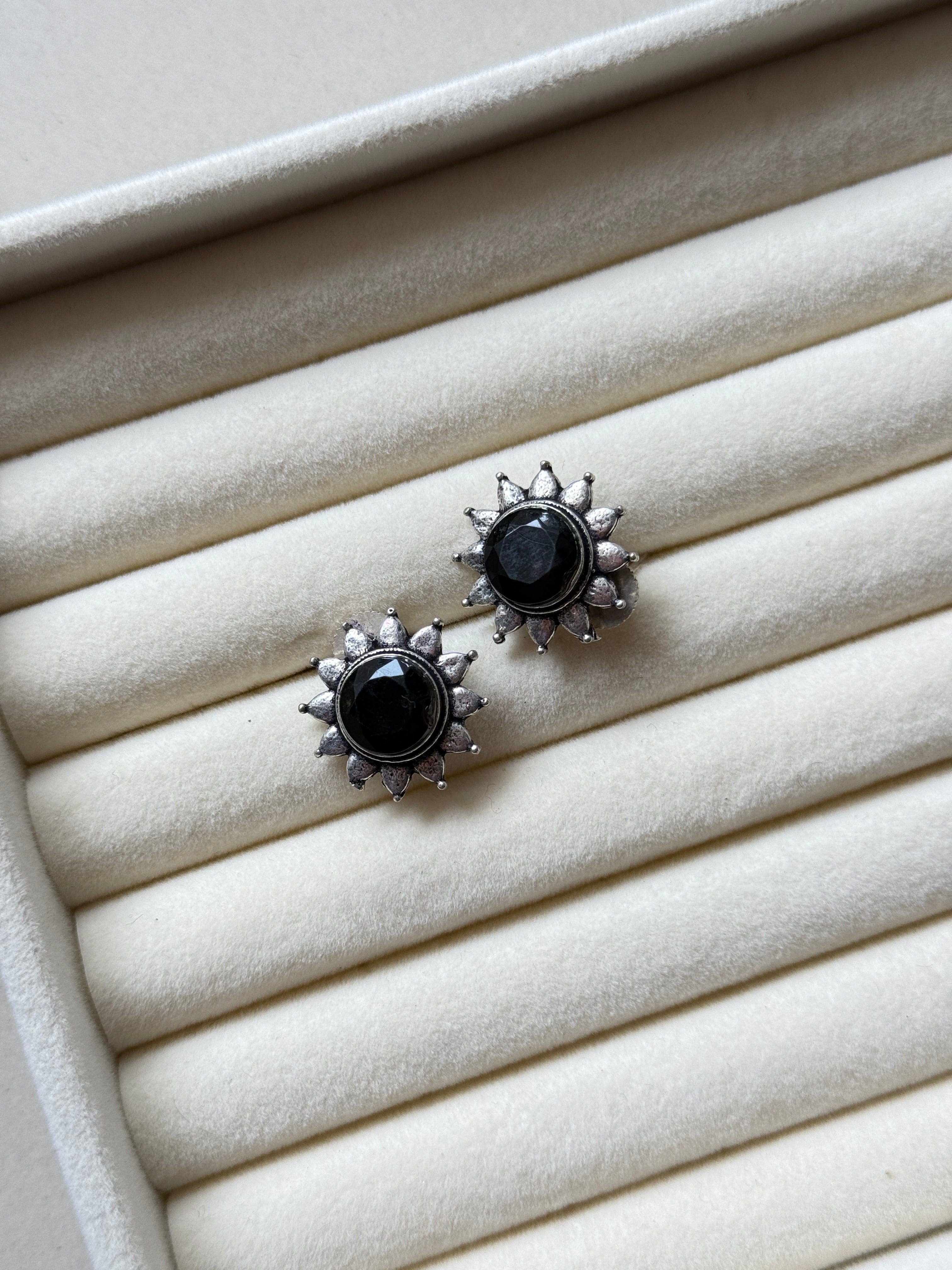 Oxidised Black Stone Sun Stud Earrings