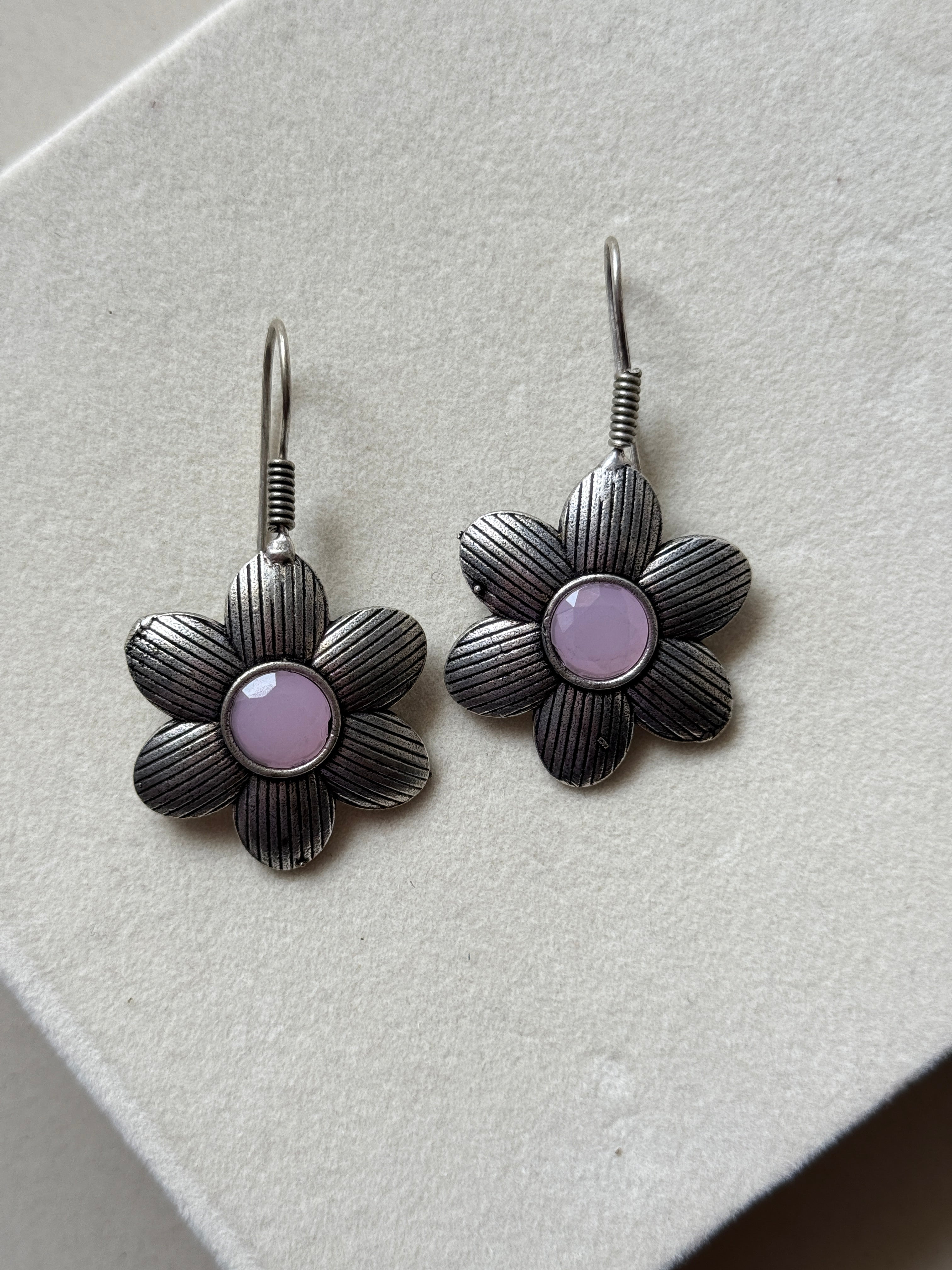 Oxidised Colored Stone Flower Earrings