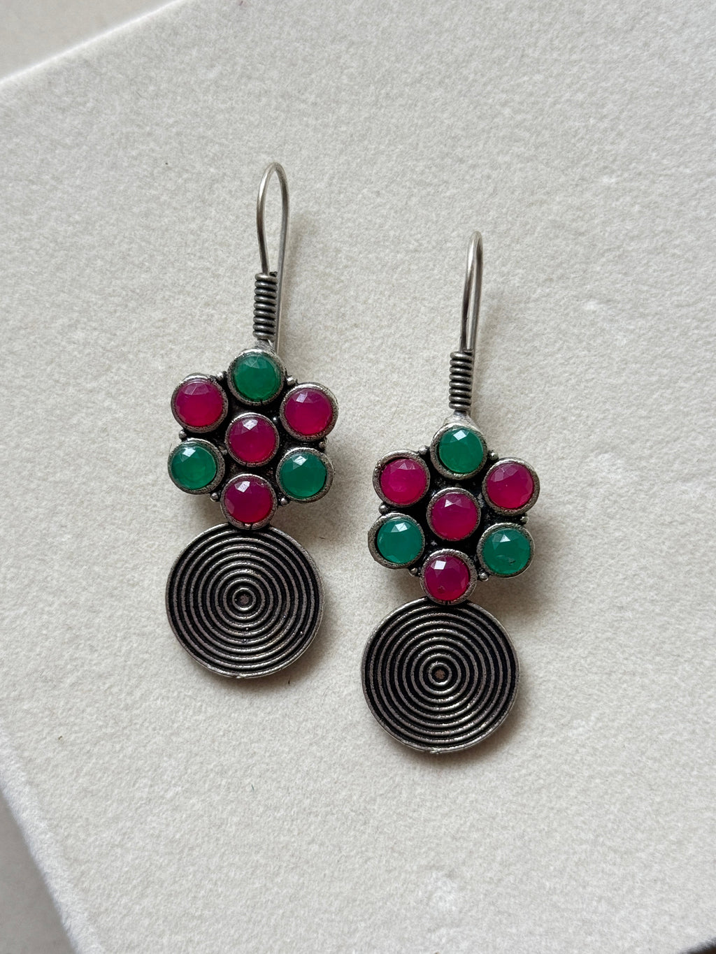 Oxidised Multicolour Stone Spiral Earrings