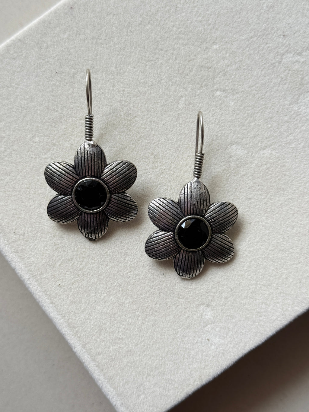 Oxidised Colored Stone Flower Earrings