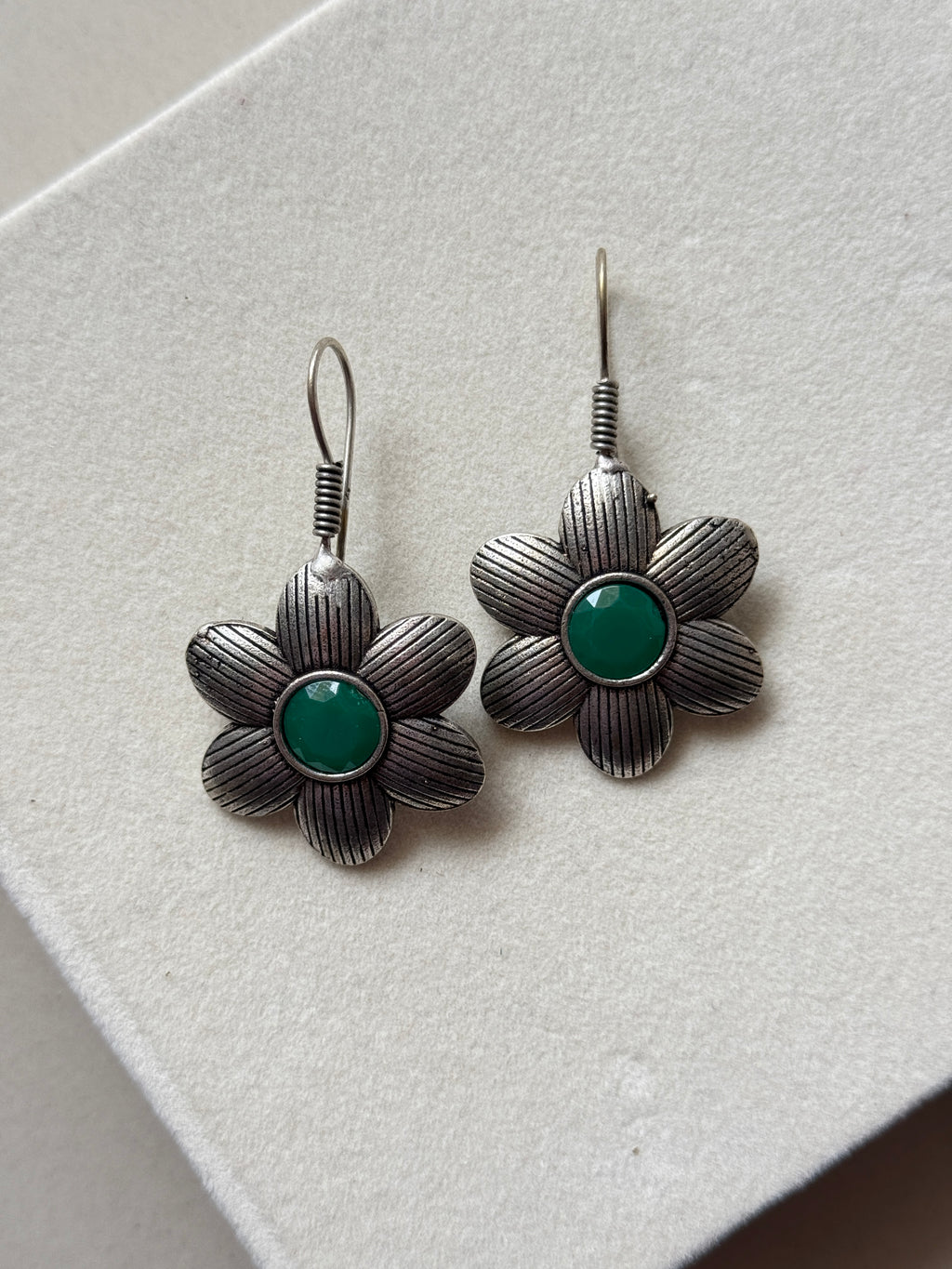 Oxidised Colored Stone Flower Earrings