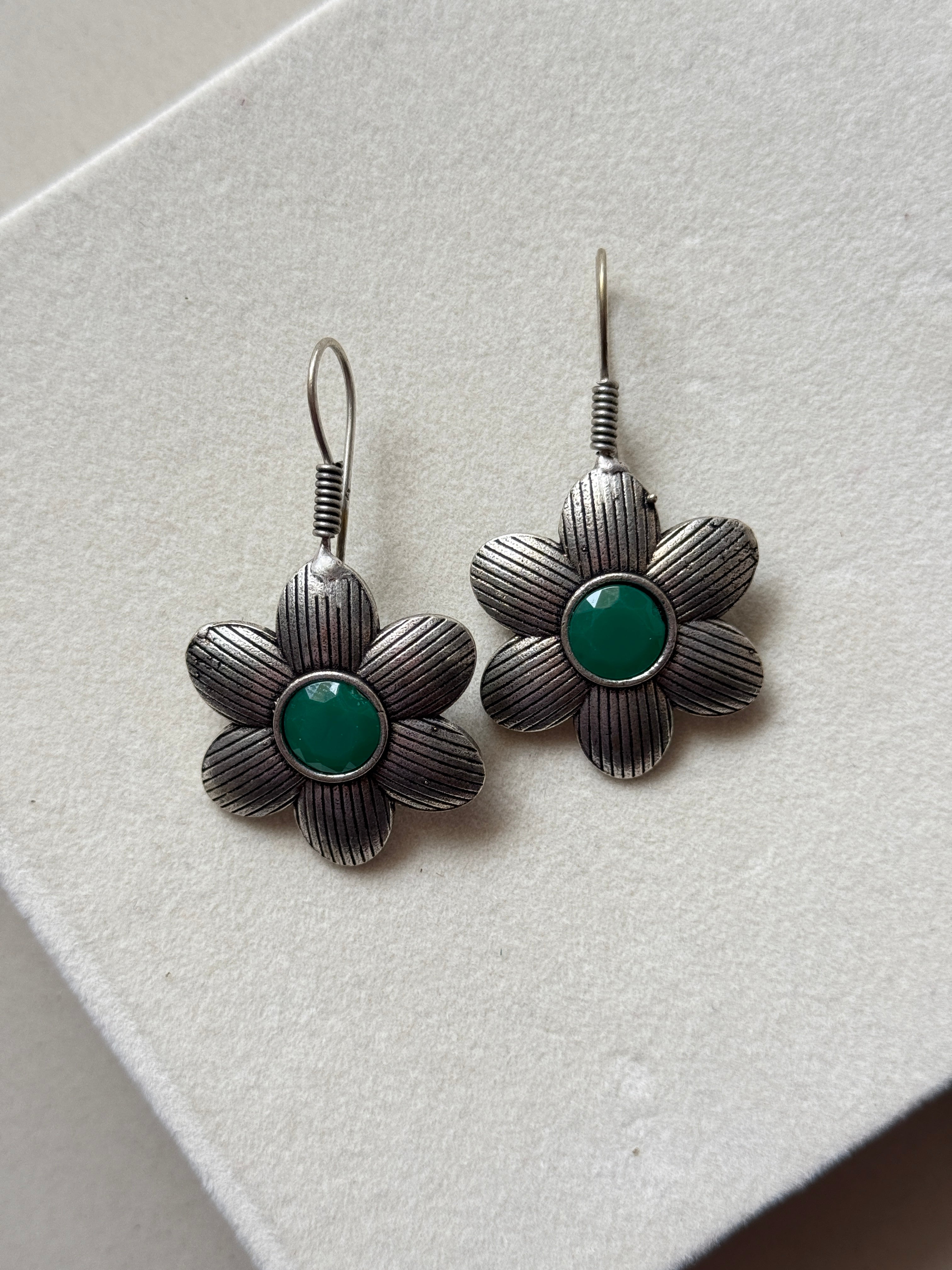 Oxidised Colored Stone Flower Earrings