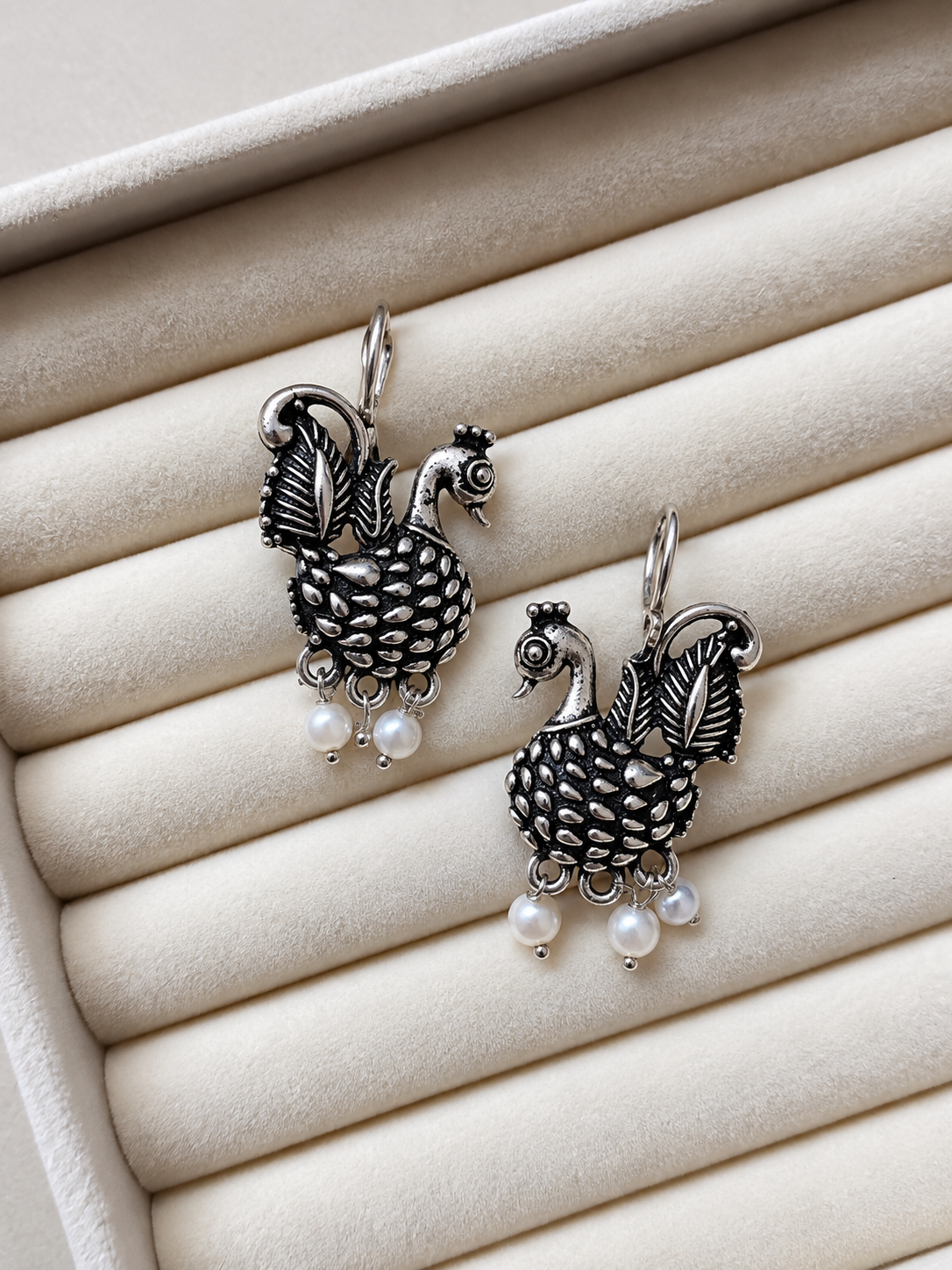 Oxidized Swan Pearl Earrings